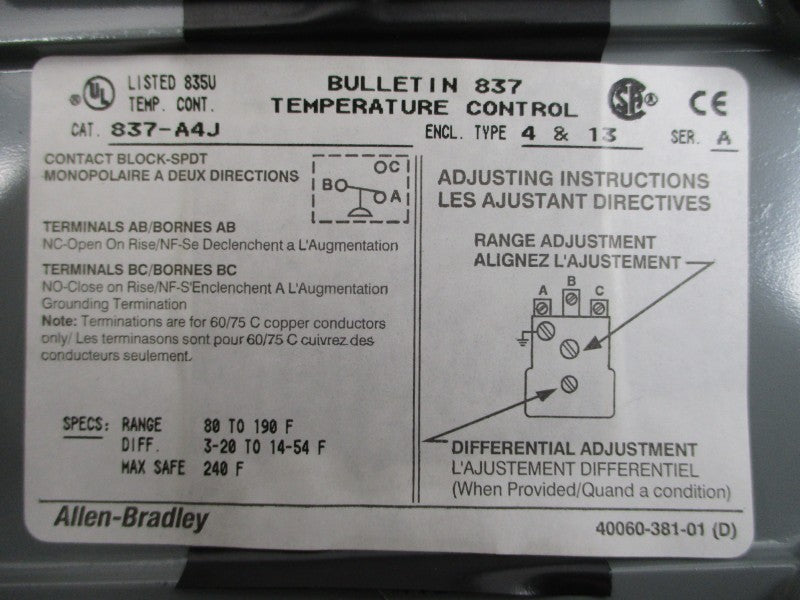 ALLEN BRADLEY 837-A4J SER. A 24-600V 80-190'F (BR/WH) NSMP