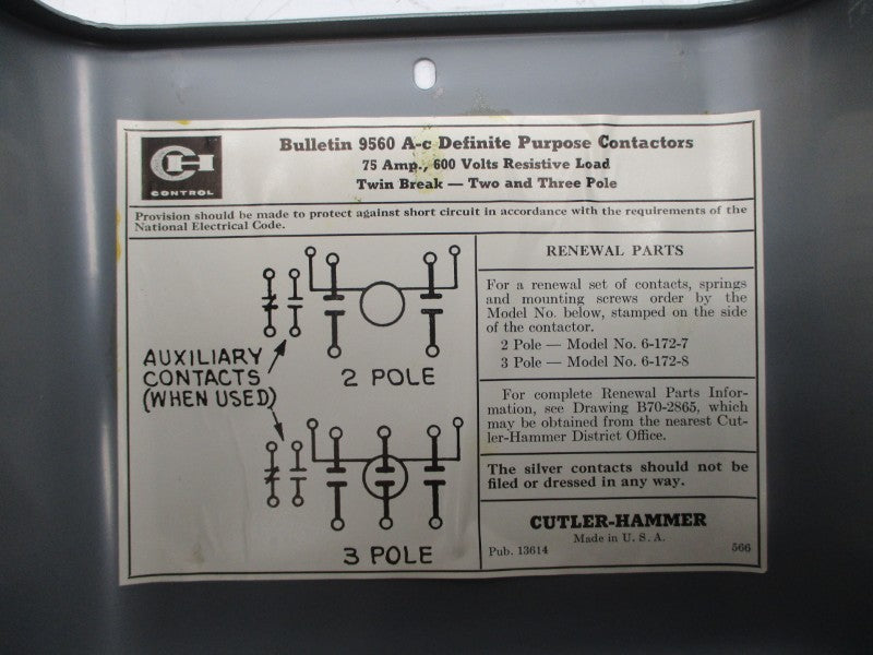 CUTLER HAMMER 9560H1427A 104/120V 75A UNMP
