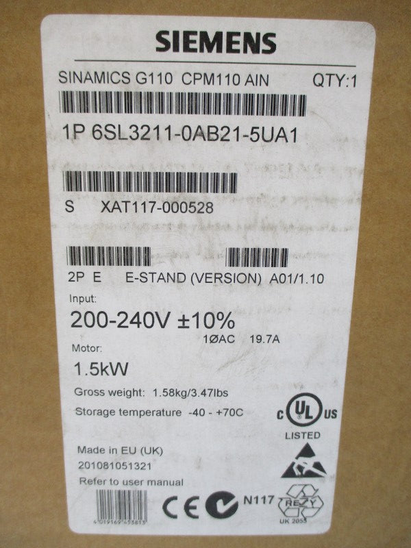 SIEMENS 6SL3211-0AB21-5UA1 200-240VAC 19.7A NSMP