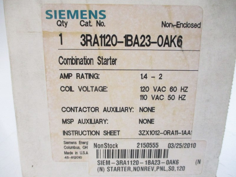 SIEMENS 3RA1120-1BA23-0AK6 110/120VAC 1.4-2A NSMP