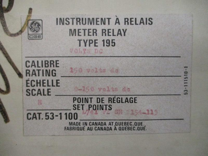 CANADIAN GENERAL ELECTRIC 53-1100L741-PZSH2154-113 150VDC NSMP