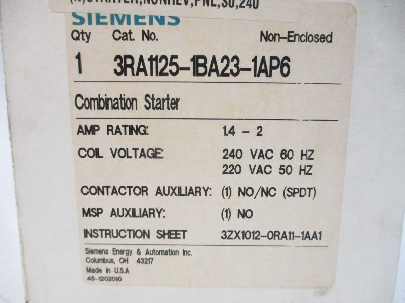 SIEMENS 3RA1125-1BA23-1AP6 220/240VAC 1.4-2A NSMP