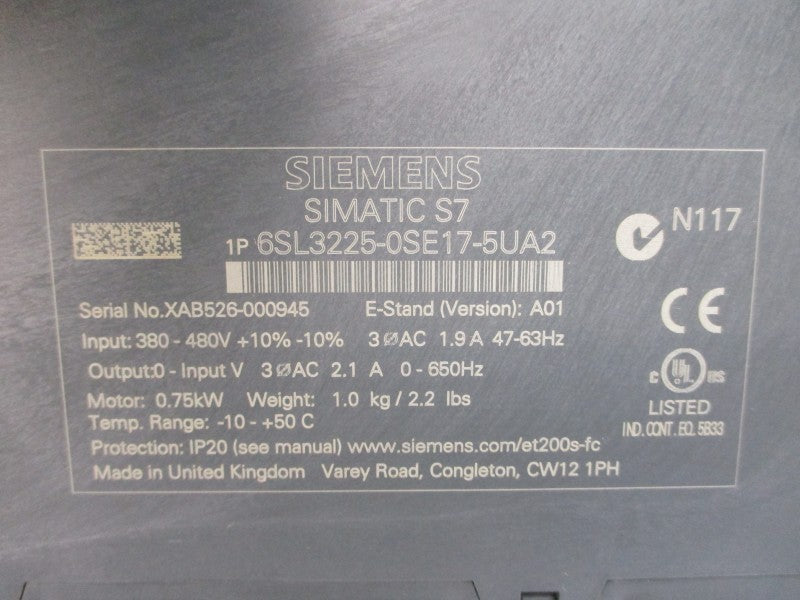 SIEMENS 6SL3225-0SE17-5UA2 380-480V 1.9A NSNP
