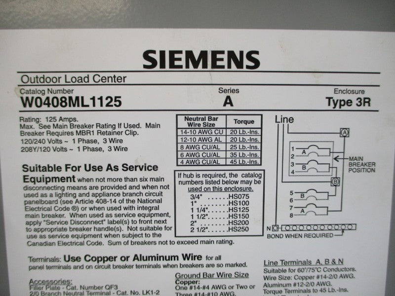 SIEMENS W0408ML1125 SER. A 120/240V 125A NSNP