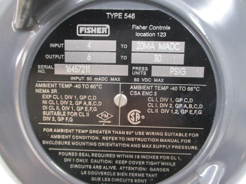 FISHER CONTROLS 546 W/ 67CFR-600 50VDC 0-60PSI NSNP