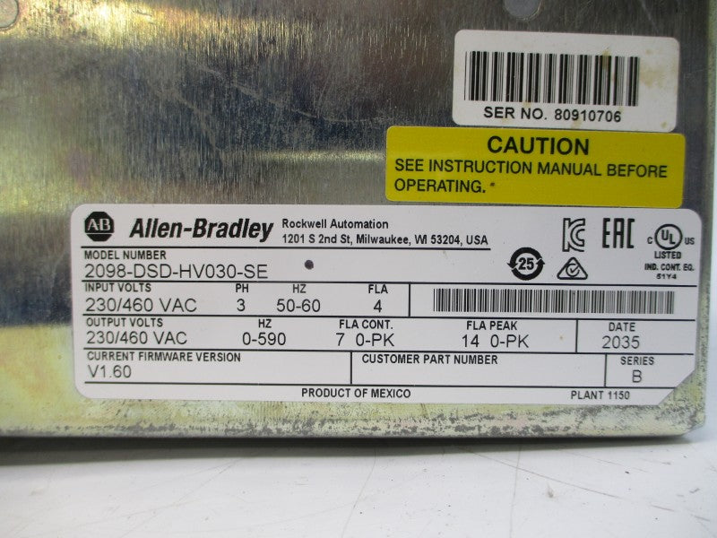 ALLEN BRADLEY 2098-DSD-HV030-SE SER. B F/W V1.60 230/460VAC 4A UNMP