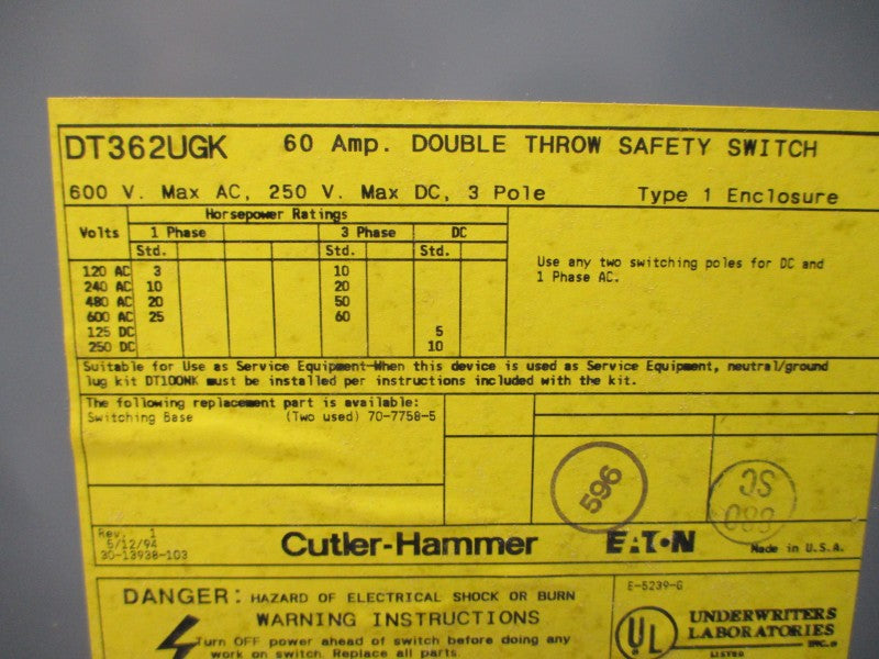CUTLER HAMMER DT362UGK SER. A 600VAC 60A NSMP