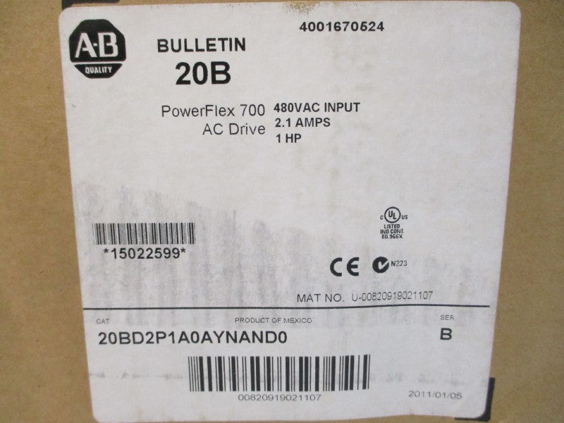 ALLEN BRADLEY 20BD2P1A0AYNAND0 SER. B F/W 8.0002 480VAC 2.1A NSMP