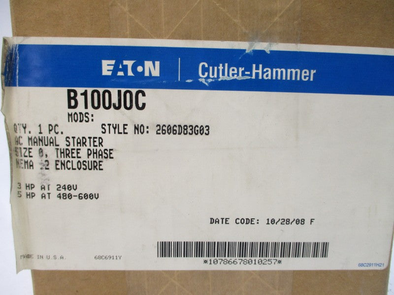 CUTLER HAMMER B100J0C 2606D83G03 240/480-600V NSMP
