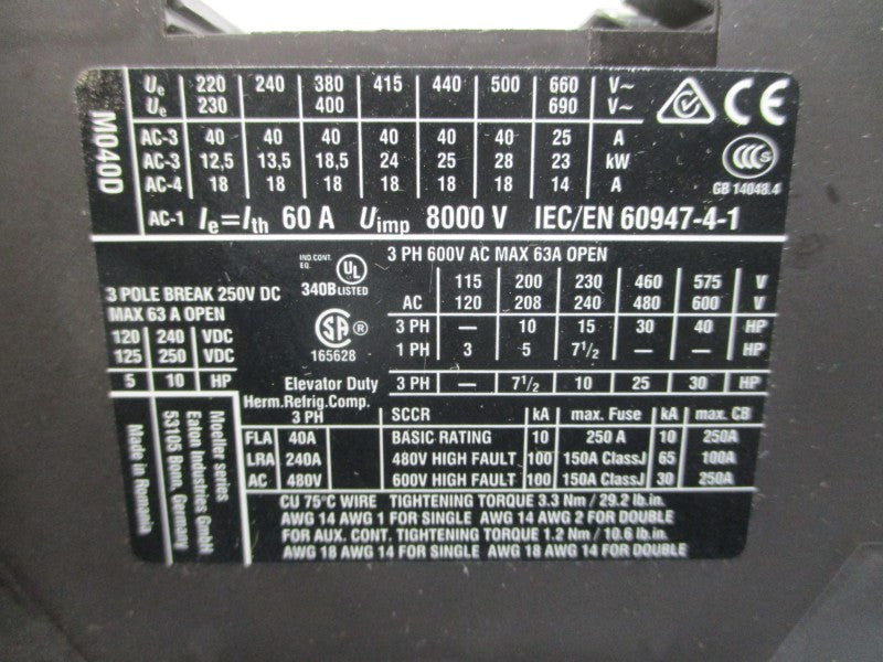 EATON XTCE040DS1TD 3-1810-155B 24-27VDC 40A NSMP