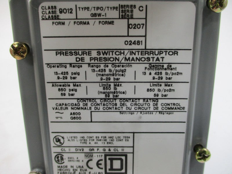 SQUARE D 9012GBW1 SER. C 220.0PSI NSMP
