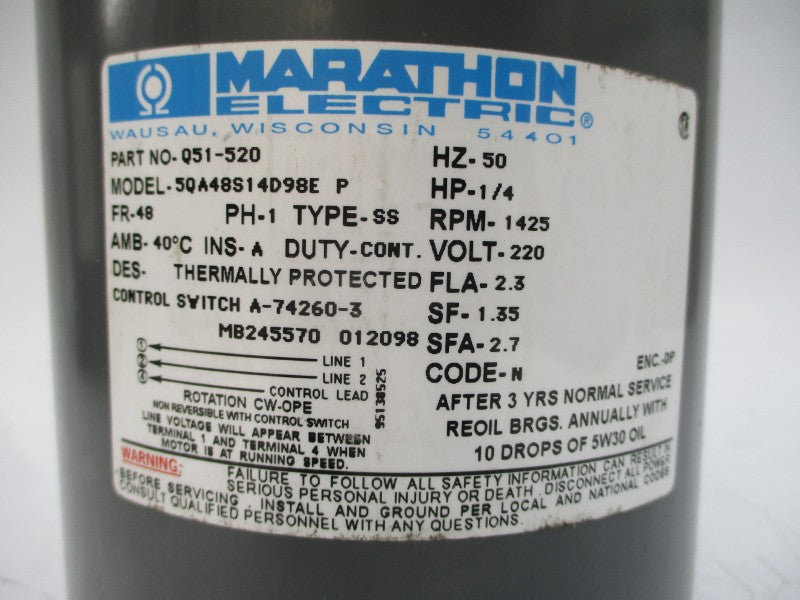 MARATHON ELECTRIC Q51-520 5QA48S14D98E 220V 2.3A NSNP
