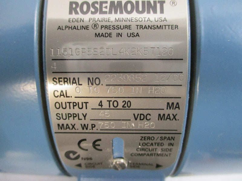 ROSEMOUNT 1151GP5S2DL4K2K5T1204 45VDC 750"H2O NSMP