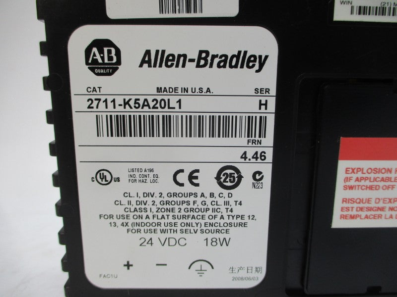 ALLEN BRADLEY 2711-K5A20L1 SER. H F/W 4.46 24VDC NSNP