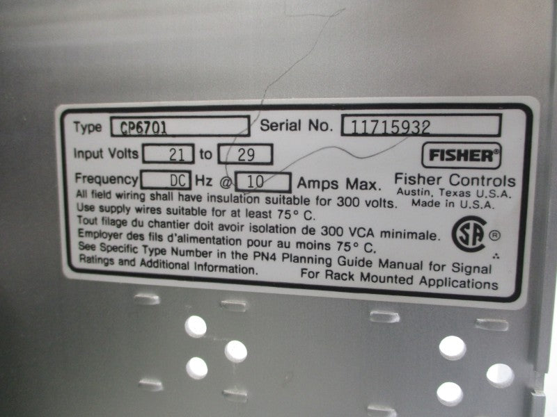 FISHER CONTROLS CP6701X1-DA2 41B6439X022 21-29VDC 10A REV. D (AS PICTURED) UNMP