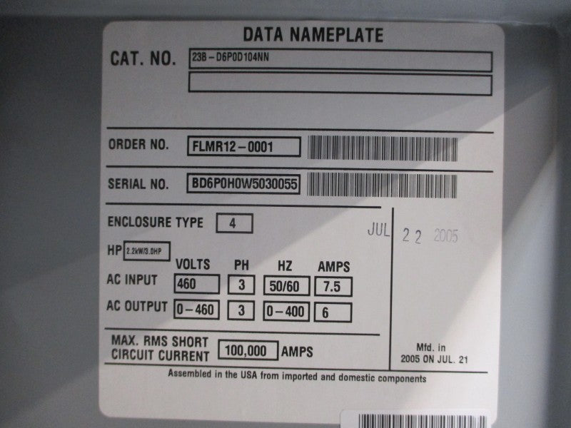 ALLEN BRADLEY 23B-D6P0D104NN 460VAC 7.5A (AS PICTURED) NSNP