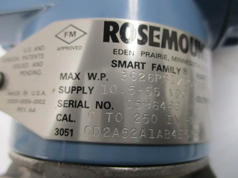ROSEMOUNT 3051CD2A52A1AB4E5M5 10.5-55VDC 3626PSI NSMP