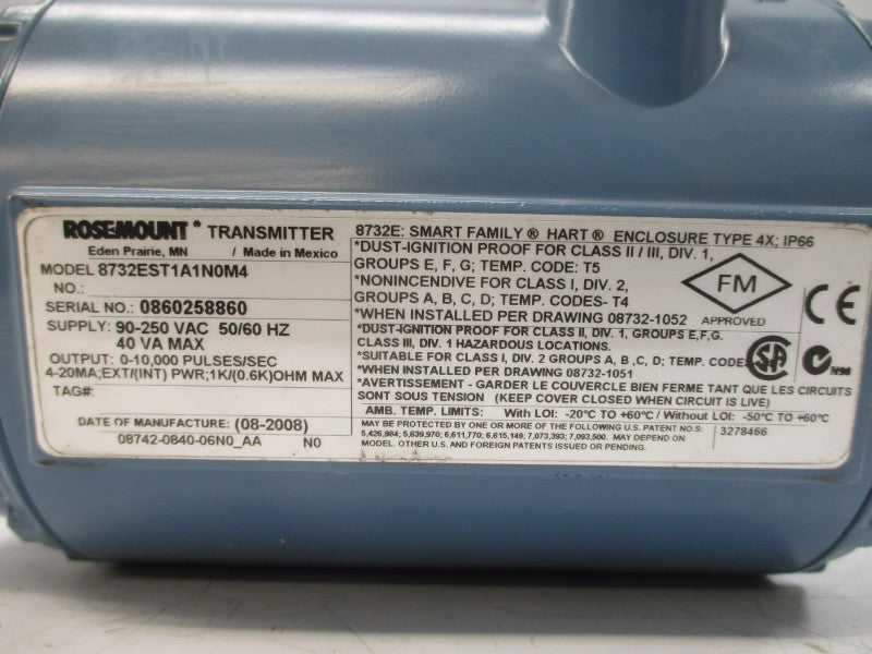 ROSEMOUNT 8732EST1A1N0M4 W/ 8721ASA015UA2N0AH 90-250VAC 0.5A 300PSI NSNP