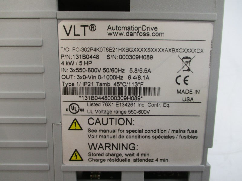 DANFOSS 131B0448 FC-302P4K0T6E21HXBGXXXXSXXXXAXBXCXXXXDX 550-600V 5.8/5.5A NSNP
