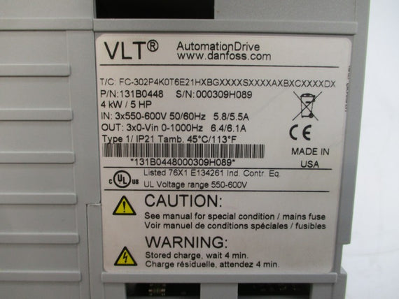 DANFOSS 131B0448 FC-302P4K0T6E21HXBGXXXXSXXXXAXBXCXXXXDX 550-600V 5.8/5.5A NSNP