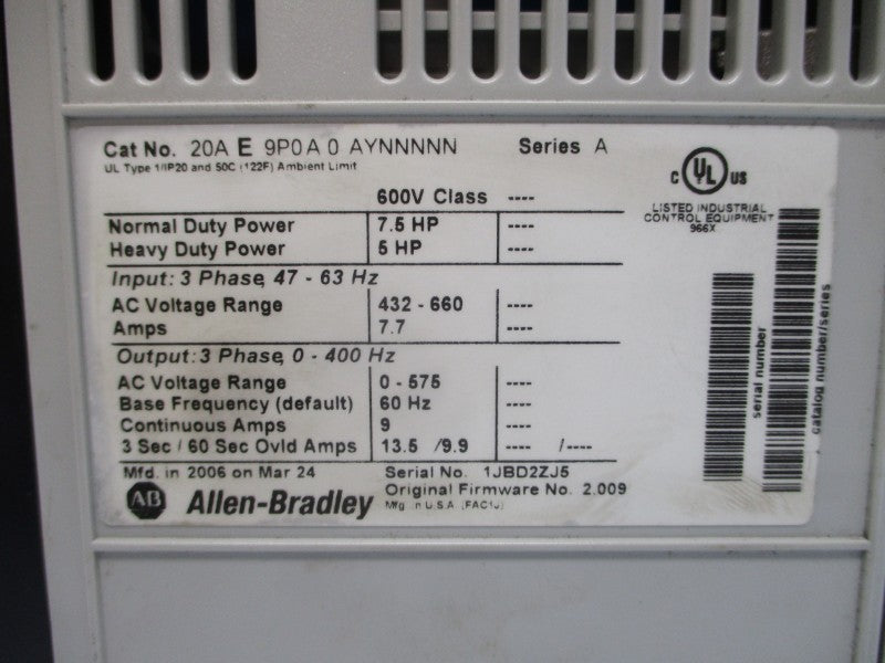 ALLEN BRADLEY 20AE9P0A0AYNNNNN SER. A F/W 2.009 432-660VAC 9A NSMP