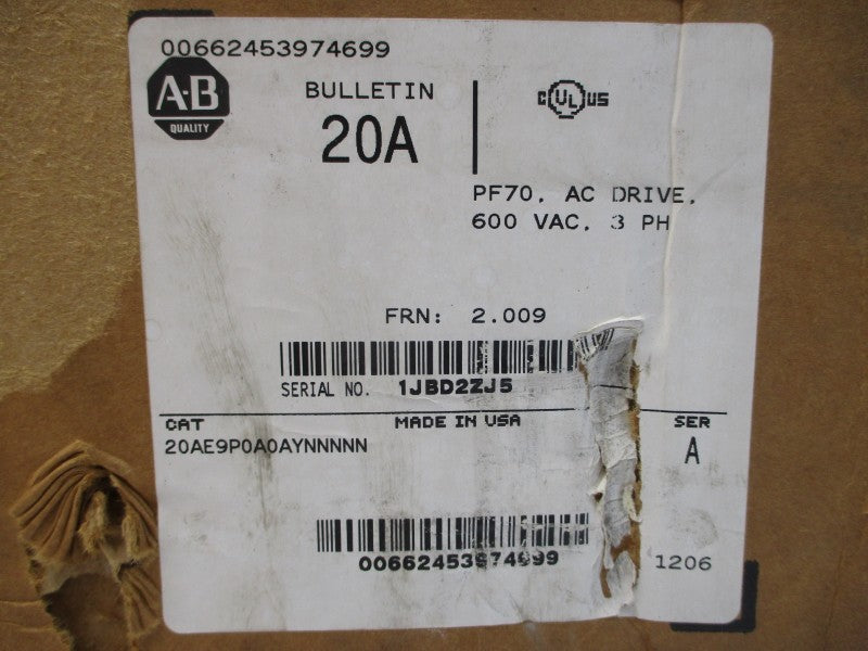 ALLEN BRADLEY 20AE9P0A0AYNNNNN SER. A F/W 2.009 432-660VAC 9A NSMP