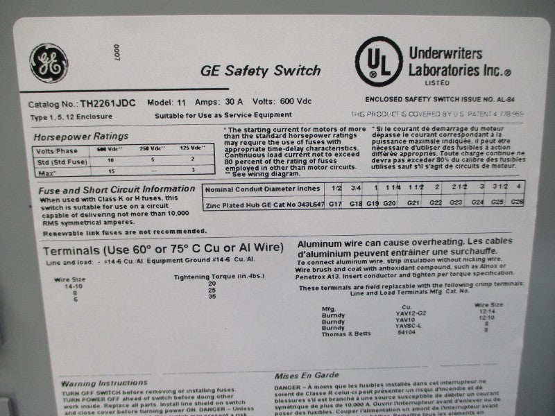 GENERAL ELECTRIC TH2261JDC 600VDC 30A NSMP