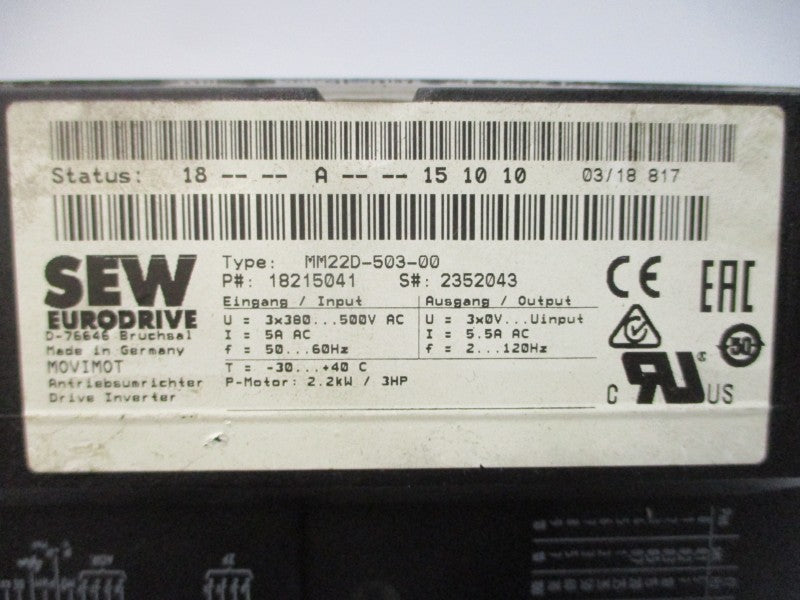 SEW EURODRIVE MM22D-503-00 18215041 380-500VAC 5A UNMP