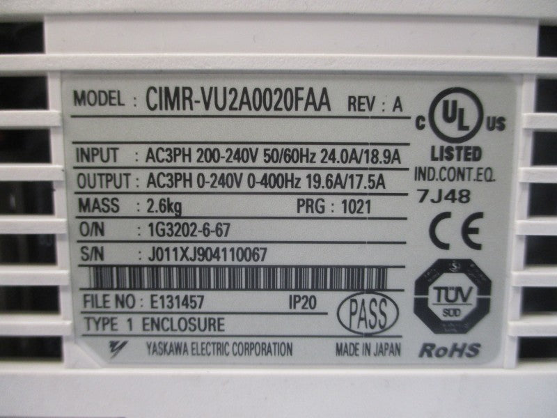 YASKAWA ELECTRIC CIMR-VU2A0020FAA 200-240VAC 24.0/18.9A REV. A (AS PICTURED) NSNP