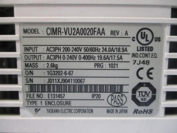 YASKAWA ELECTRIC CIMR-VU2A0020FAA 200-240VAC 24.0/18.9A REV. A (AS PICTURED) NSNP