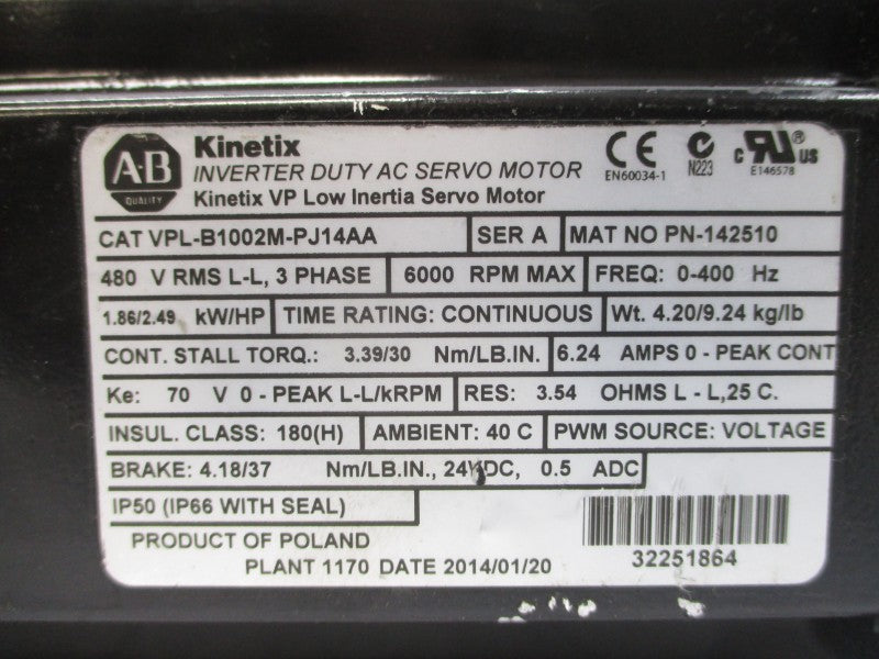 ALLEN BRADLEY VPL-B1002M-PJ14AA SER. A 480VAC 6.24A UNMP