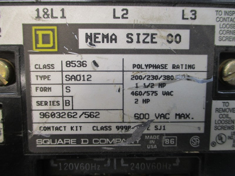 SQUARE D 8536SAO12SV03 SER. B 120/240V UNMP