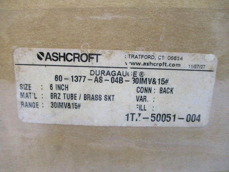 ASHCROFT 60-1377-AS-04B-30IMV&15# 30"HGVAC-15PSI 6" NSMP