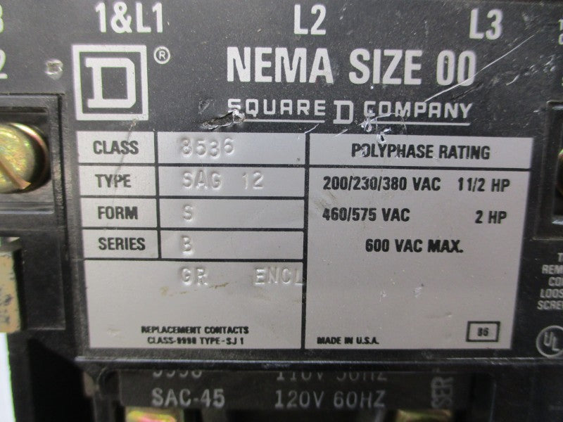 SQUARE D 8536SAG12SV02 SER. B 110/120V (AS PICTURED) UNMP