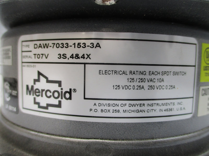 MERCOID DAW-7033-153-3A 125/250VAC 10A 1/8-20PSI NSMP