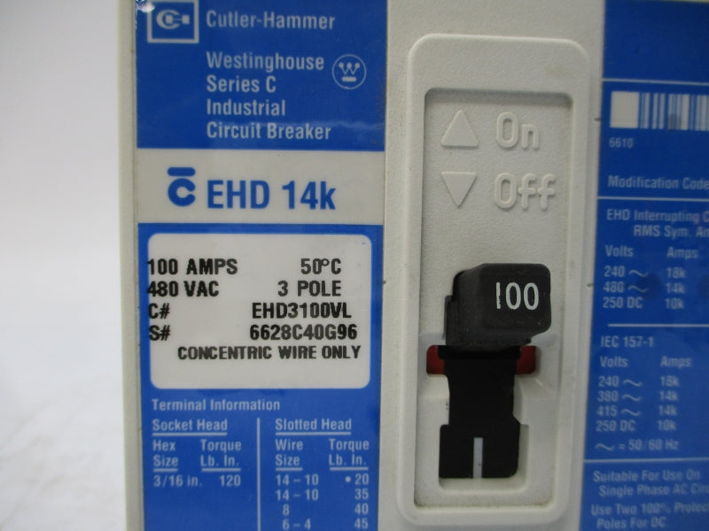 CUTLER HAMMER EHD3100VL SER. C 480VAC 100A NSMP