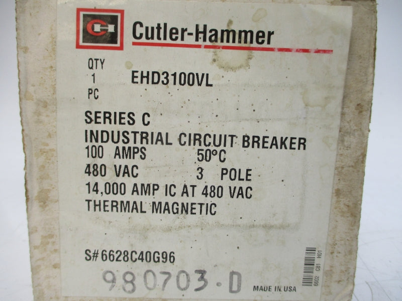 CUTLER HAMMER EHD3100VL SER. C 480VAC 100A NSMP