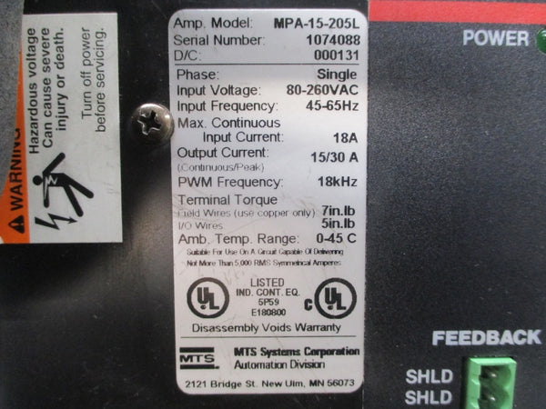 MTS MPA-15-205L 80-260VAC 18A UNMP