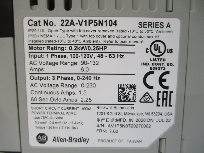 ALLEN BRADLEY 22A-V1P5N104 SER. A F/W 7.02 90-132VAC 1.5A NSMP
