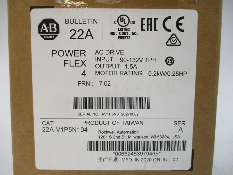 ALLEN BRADLEY 22A-V1P5N104 SER. A F/W 7.02 90-132VAC 1.5A NSMP