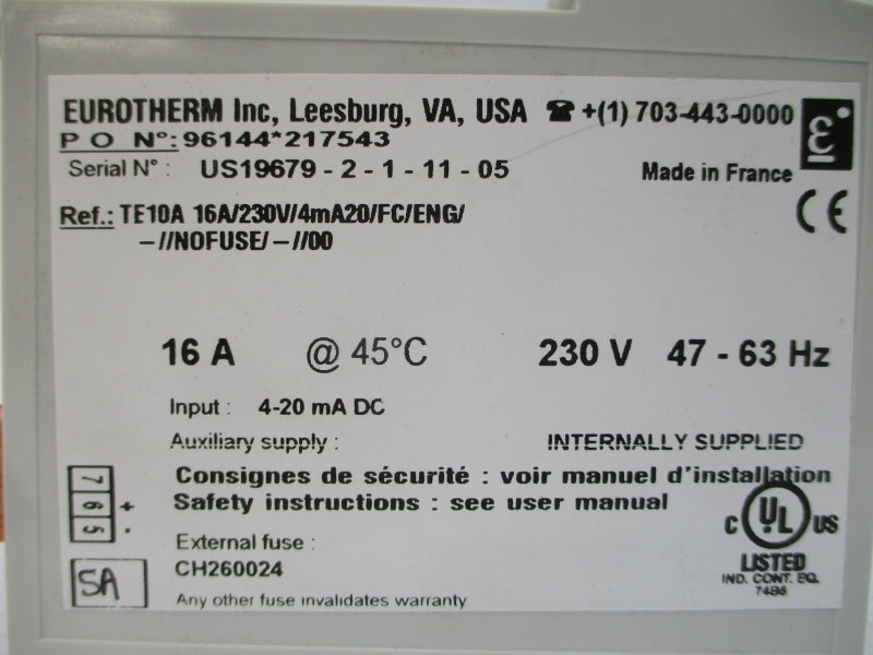EUROTHERM TE10A16A/230V/4MA20/FC/ENG/-//NOFUSE/-//00 230V 16A NSMP