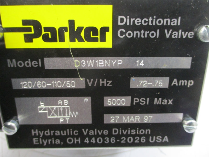 PARKER D3W1BNYP14 110/120V .72-.75A 5000PSI NSNP