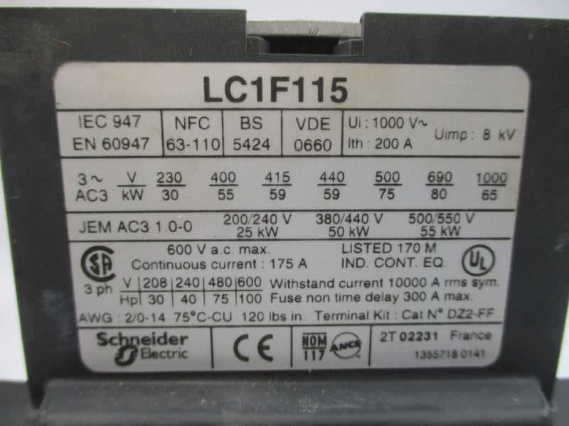 TELEMECANIQUE LC1F115 600VAC 175A NSMP