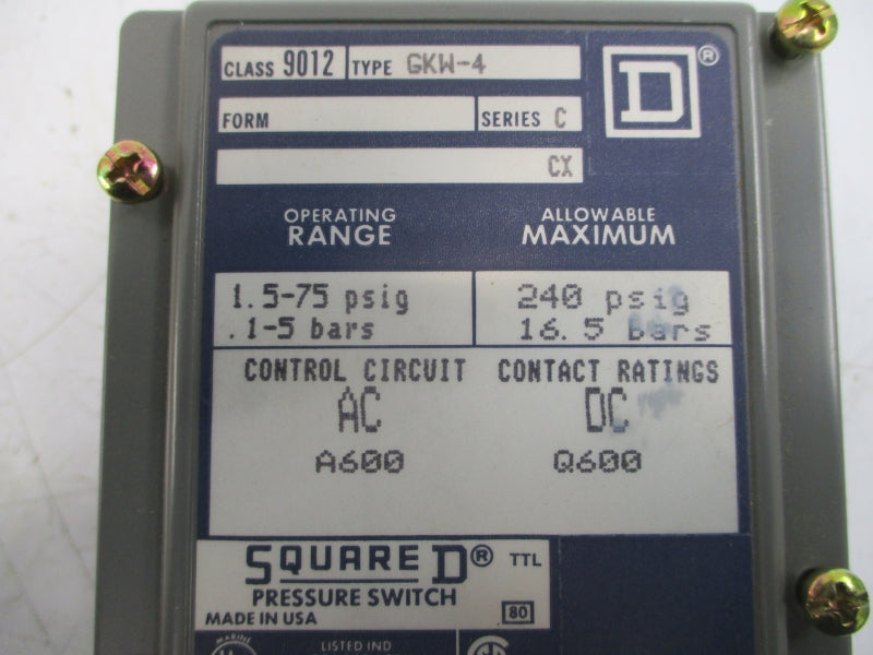 SQUARE D 9012GKW4 SER. C 1.5-75PSI NSMP