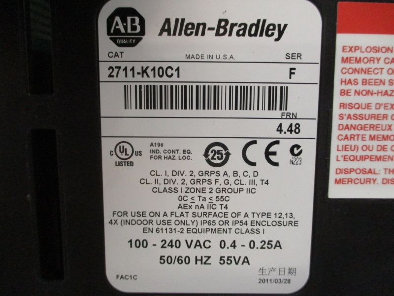 ALLEN BRADLEY 2711-K10C1 SER. F F/W 4.48 100-240VAC 0.4-0.25A REMAN