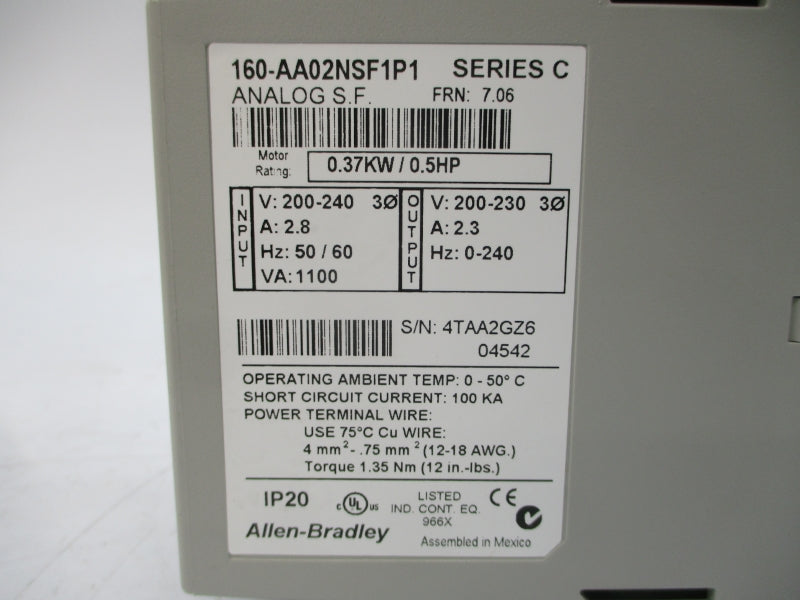 ALLEN BRADLEY 160-AA02NSF1P1 SER. C F/W 7.06 200-240V 2.8A NSMP