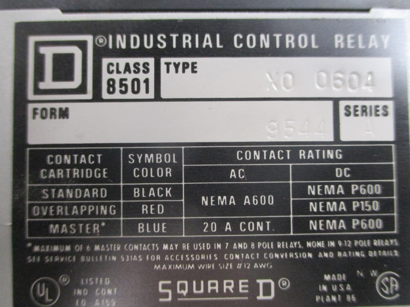 SQUARE D 8501XO0604V02 SER. A 110/120V 20A NSMP