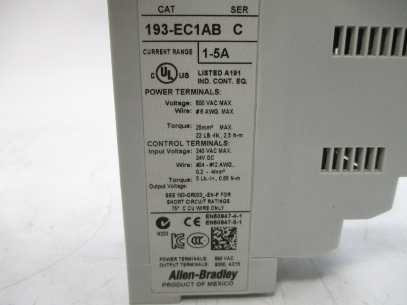 ALLEN BRADLEY 193-EC1AB SER. C 600VAC 1-5A (BR/WH) NSMP