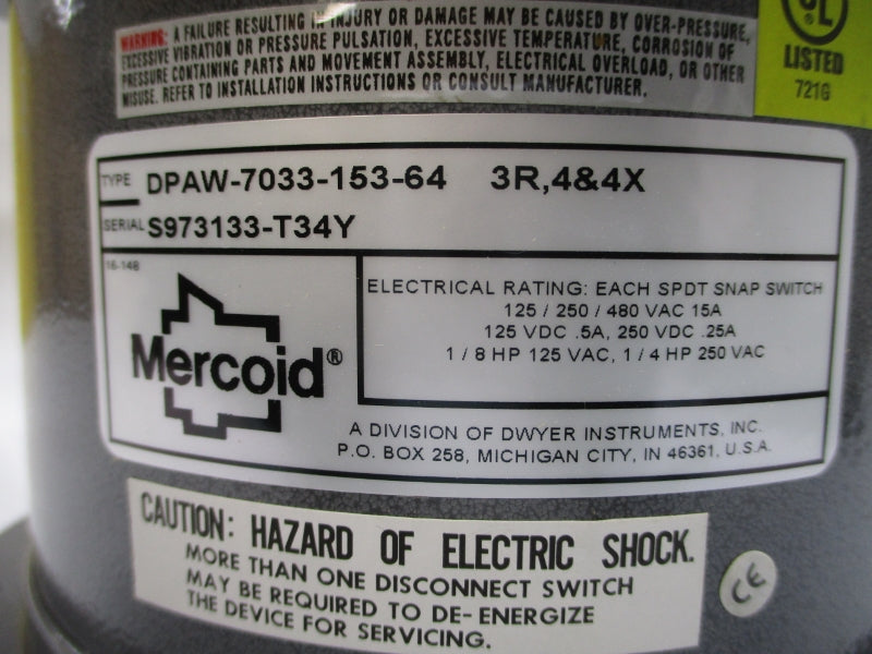 MERCOID DPAW-7033-153-64 480VAC 15A 0-30PSI NSMP