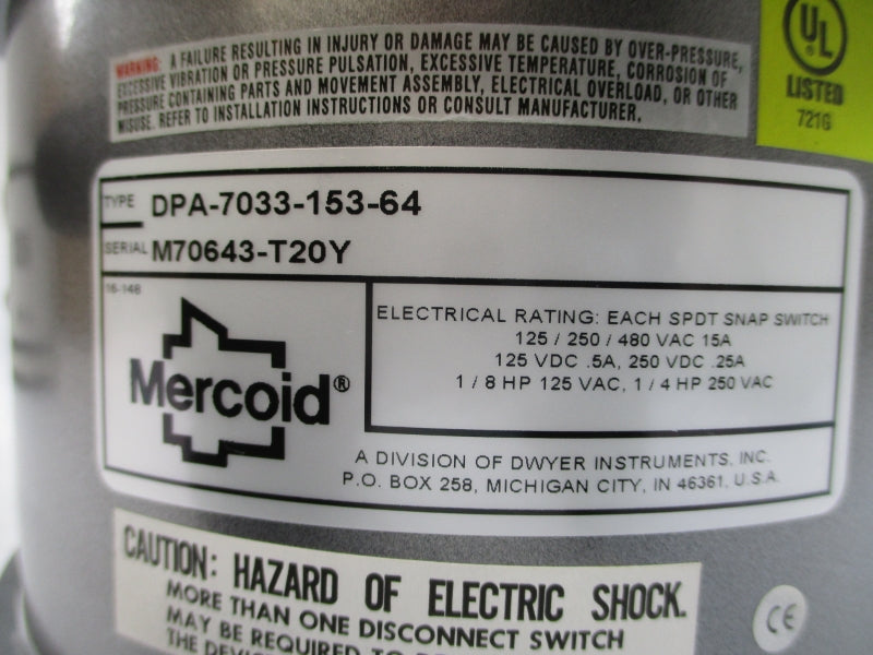 MERCOID DPA-7033-153-64 480VAC 15A 0-30PSI NSMP